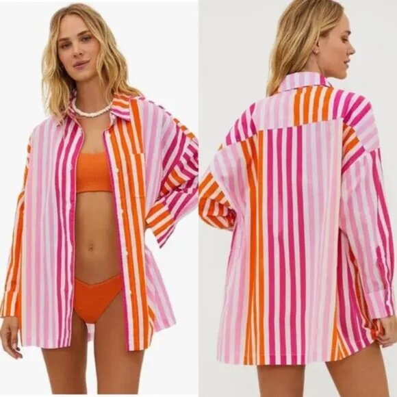 Beach Riot Pink Orange Stripe Alexa Oversize Tunic Top Large Petite - Picture 1 of 4